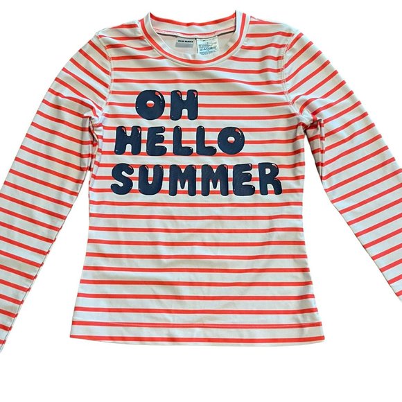 Old Navy Girls Swim Shirt Rash Guard Med Long Sleeve Striped Graphic Orange Navy - Picture 2 of 6